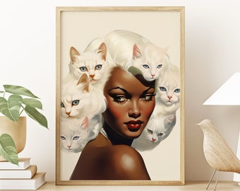 Lámina artística surrealista de la dama gato: collage psicodélico para pared
