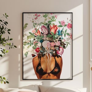 Botaniczny surrealistyczny wydruk artystyczny: Odlotowa kobieta-kwiat, styl vintage