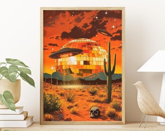 Wild Disco Land Art Print: UFO Cow Abduction, Retro Western Art