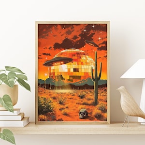 Wild Disco Land 2 (UFO Kunst, Kuhentführung, Retro Kunst, Diskokugel, Vintage Kunst, Wilder Westen Poster )