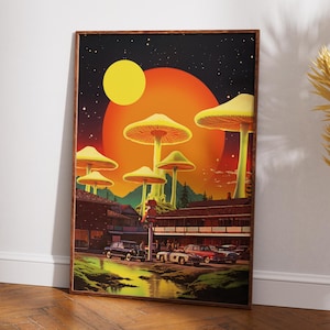 Trippy Mushroom Art Print: Retro Surreal Recycled Cotton Canvas