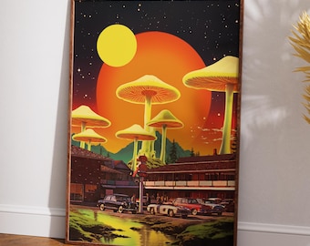 Trippy Mushroom Art Print: Retro Surreal Recycled Cotton Canvas