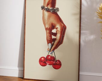 Disco Cherries Print: Hyperrealistic Pop Surrealism, Retro Trippy Wall Art