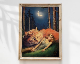 Sweet Dreams (Orange Cat Art, Retro Surreal Print, Vintage Wall Print, Cat Person Gift, Trippy Wall Art)