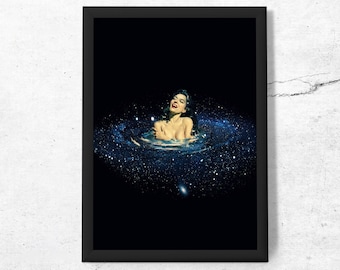 Trippy Galaxy Collage Art Print: Retro Cosmic Wall Decor