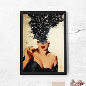 Trippy Collage Art Print: Retro Cosmic Design on Recycled Cotton Canvas