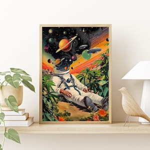 L'astronauta fatto (arte psichedelica, arte murale psichedelica a tema cannabis, collage di arte retrofuturistica, arte murale cosmica vintage, poster di astronauta)