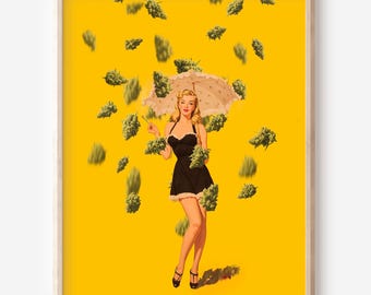 Pin-Up Girl Cannabis Art Print, Retro 420 Decor
