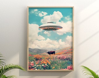 May include: A framed print of a surreal landscape with a cow standing in a field of colourful flowers and a flying saucer in the sky.