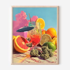 Wake N Bake v2 (Arte UFO, Natura Morta Surreale, Poster Vintage di Marijuana, Poster Pop Art Psichedelico, Dipinto a Olio di Cannabis)