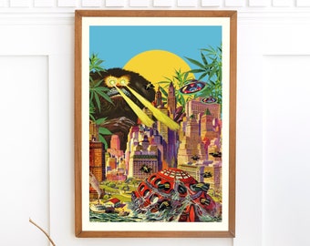 Trippy Monster Attack Art Print, Vintage Sci-Fi Decor