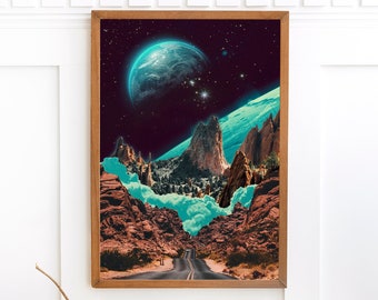 Stampa artistica di paesaggio surreale: collage psichedelico su tela di cotone riciclato
