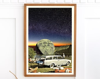 Get You The Moon Art Print: Trippy Cosmic Collage on Recycled Cotton Canvas