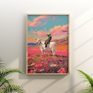 Peut inclure: Une illustration encadrée d'un extraterrestre vert chevauchant une vache blanche dans un champ de fleurs roses. Le ciel est d'un bleu éclatant avec des nuages roses et une soucoupe volante au loin.