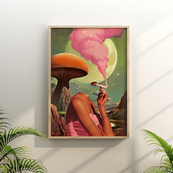Egoless (art rétro surréaliste, art champignon, affiche de cannabis, impression murale vintage, art mural trippy)
