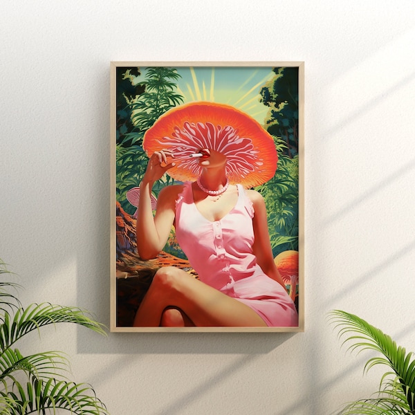 Shroomind (Psychedelic Poster, Mushroom Art,  Vintage Wall Print, Trippy Wall Art, Smoking Lady, Retro Art)