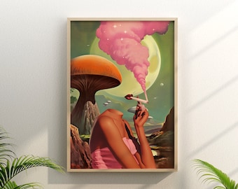 Egoless (Retro Surreal Art, Mushroom Art, Cannabis Poster, Vintage Wall Print, Trippy Wall Art)