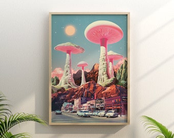 Trippy Mushroom Art Print: Retro Surrealism, Vintage Wall Decor