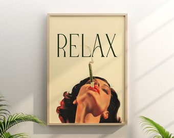 Relax 3 (Vintage Minimalistic Pin-Up Wall Art, Retro Cannabis Poster, Trippy Wall Art, Weed Print)