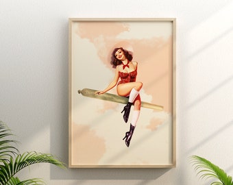 Sky High v9 (Vintage Pin-Up Art, Big Joint Art, Cannabis Poster, Vintage Wall Print, Trippy Wall Art, Cannabis Pin-up)