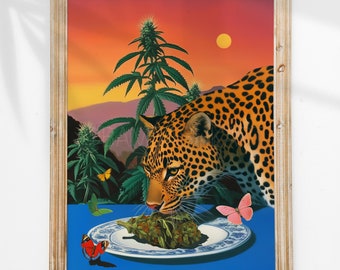 Leopard Eating Weed Art Print, Vibrant Psychedelic Surrealism