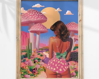 Psychedelic Desert Art Print: Pin-Up Girl, Pink Mushrooms (UNFRAMED)