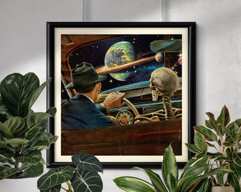 Trippy Space Art Print: Vintage Skull, Cosmic Car Ride