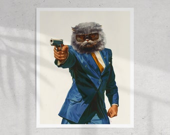 Cat Mafia 2 (Retro Surreal Art, Scottish Fold Cat, Vintage Wall Print, Trippy Wall Art, Retro Mafia Poster)