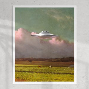 Calma (pôster de parede de OVNI, arte de abdução de vaca, pintura a óleo, arte cósmica, arte vintage, arte espacial, impressão de arte)