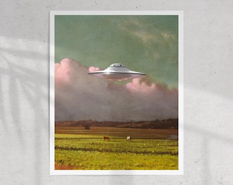 Vintage UFO Cow Abduction Art Print: Cosmic Oil Painting