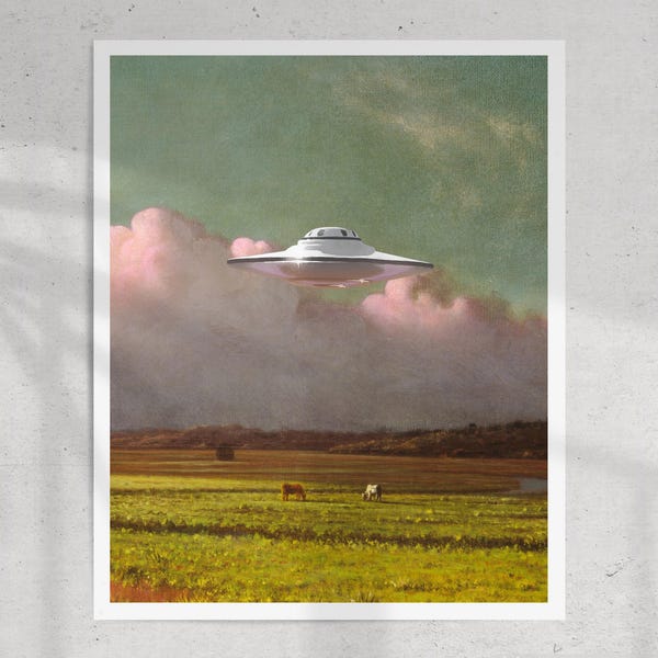 Vintage UFO Ko Bortförande Konsttryck: Kosmisk Oljemålning