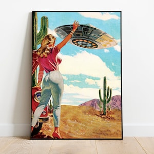 Hitchhiking UFO Art Print: Retro Cosmic Collage on Recycled Cotton Canvas