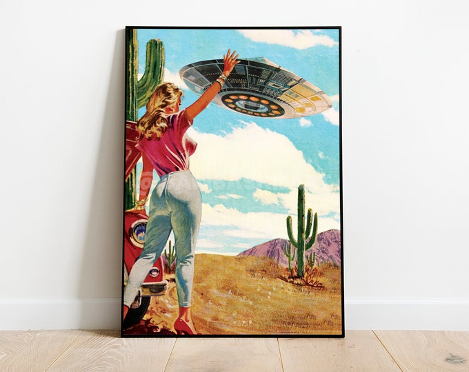 Hitchhiking UFO Art Print: Retro Cosmic Collage on Recycled Cotton Canvas