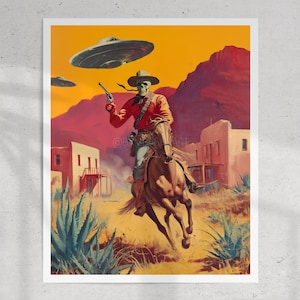 Wildes Land (Vintage Surreal Western Sci-Fi Wandkunst für Fans von Aliens, seltsame Wildwest-Ästhetik, Trippy Western-Dekor)