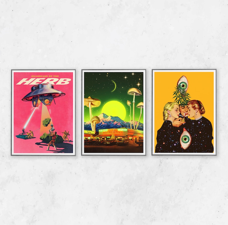 May include: Three framed art prints with a retro, psychedelic theme. One features a UFO with the text "GUARDIANS OF THE HERB." Another depicts a restaurant under a large mushroom and a yellow sun. The third shows two women with an eye and cannabis.