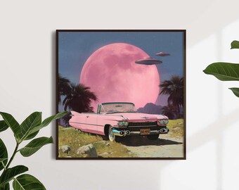 Retro Pink Cadillac Art Print – 1950s UFO Invasion Scene