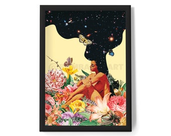 Trippy Space Collage Art Print: Retro Cosmic Wall Decor