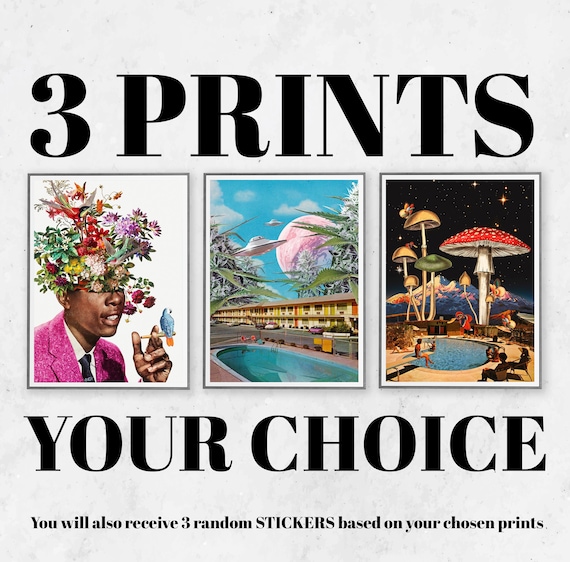 Trippy Art Prints Set: Vintage UFO Decor, Recycled Cotton Canvas