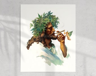 Surreal Jesus Smoking Weed Art Print – Cannabis Crown, 420 Stoner Gift
