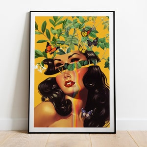 Inside Beauty v5 (Arte murale retrò, stampa artistica collage surreale vintage, poster collage giallo, strana arte murale)