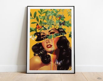 Inside Beauty v5 ( Retro Wall Art, Surreal Collage Art Print, Yellow Colalge Poster, Trippy Wall Art )