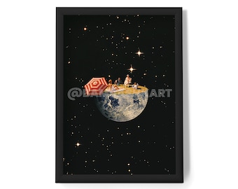 Chillin’ on the Moon Art Print: Trippy Cosmic Collage, Retro Space Art