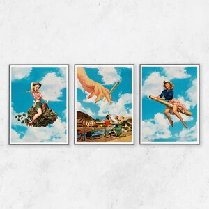 May include: Set of three framed art prints with a vintage collage aesthetic. Each print features a woman in a retro style, set against a blue sky with clouds. One woman rides a cannabis plant, another is on a pencil, and the third is near a hand holding a lit cigarette.