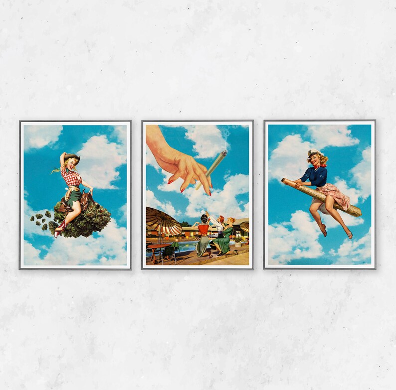 May include: Set of three framed art prints with a vintage collage aesthetic. Each print features a woman in a retro style, set against a blue sky with clouds. One woman rides a cannabis plant, another is on a pencil, and the third is near a hand holding a lit cigarette.