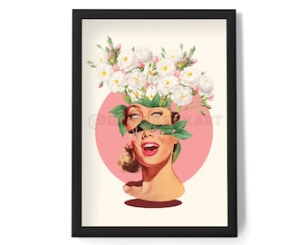 Trippy Floral Collage Art Print: Vintage Retro Wall Decor