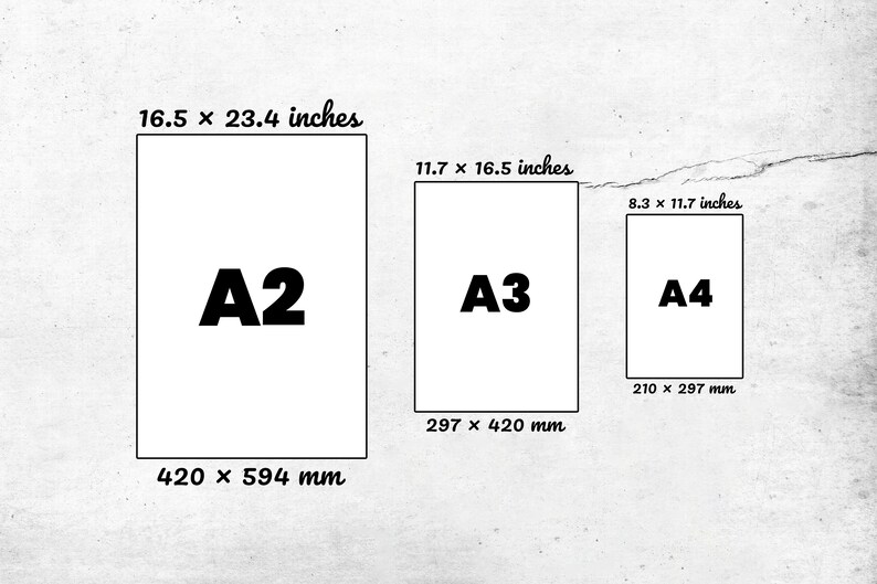 May include: A diagram showing the different sizes of paper in the A series, including A2, A3, and A4. The dimensions are listed in both inches and millimeters.