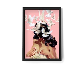 Trippy Collage Art Print: Woman with Doves, Retro Cosmic Wall Art