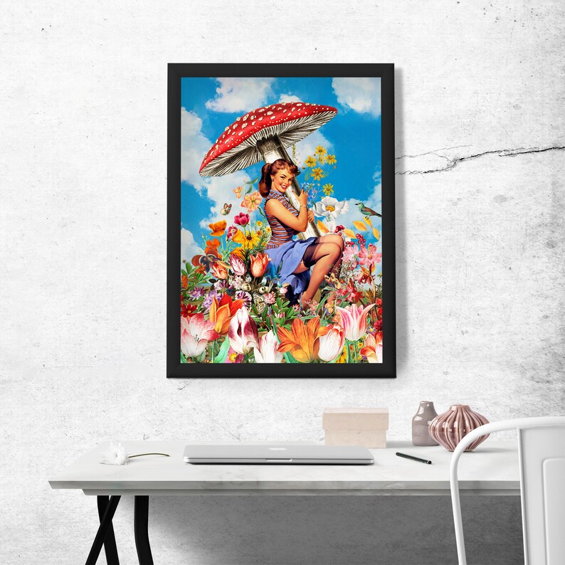 May include: A vintage-style illustration of a woman sitting on a giant red mushroom in a field of colorful flowers. The woman is wearing a blue dress and holding a bouquet of flowers. The mushroom is surrounded by a variety of flowers, including tulips, daisies, and roses.