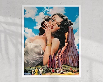 May include: A woman with long dark hair and red lipstick is smoking a cigarette. She is wearing a white dress and is standing in front of a large red rock formation. The sky is blue and there are clouds in the background. There are people in the distance.