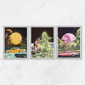 May include: Set of three framed art prints. Each print features a retro-style illustration with a space theme. One shows a yellow car, another an astronaut, and the third a pink car, all with cannabis plants and celestial bodies.